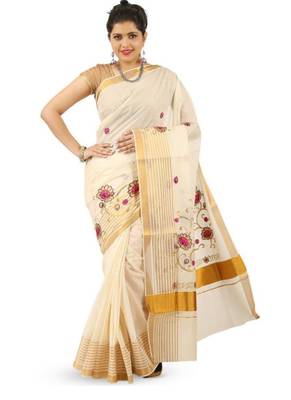 off white floral kasavu saree with zari work 1