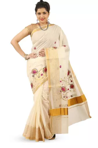 off white floral kasavu saree with zari work