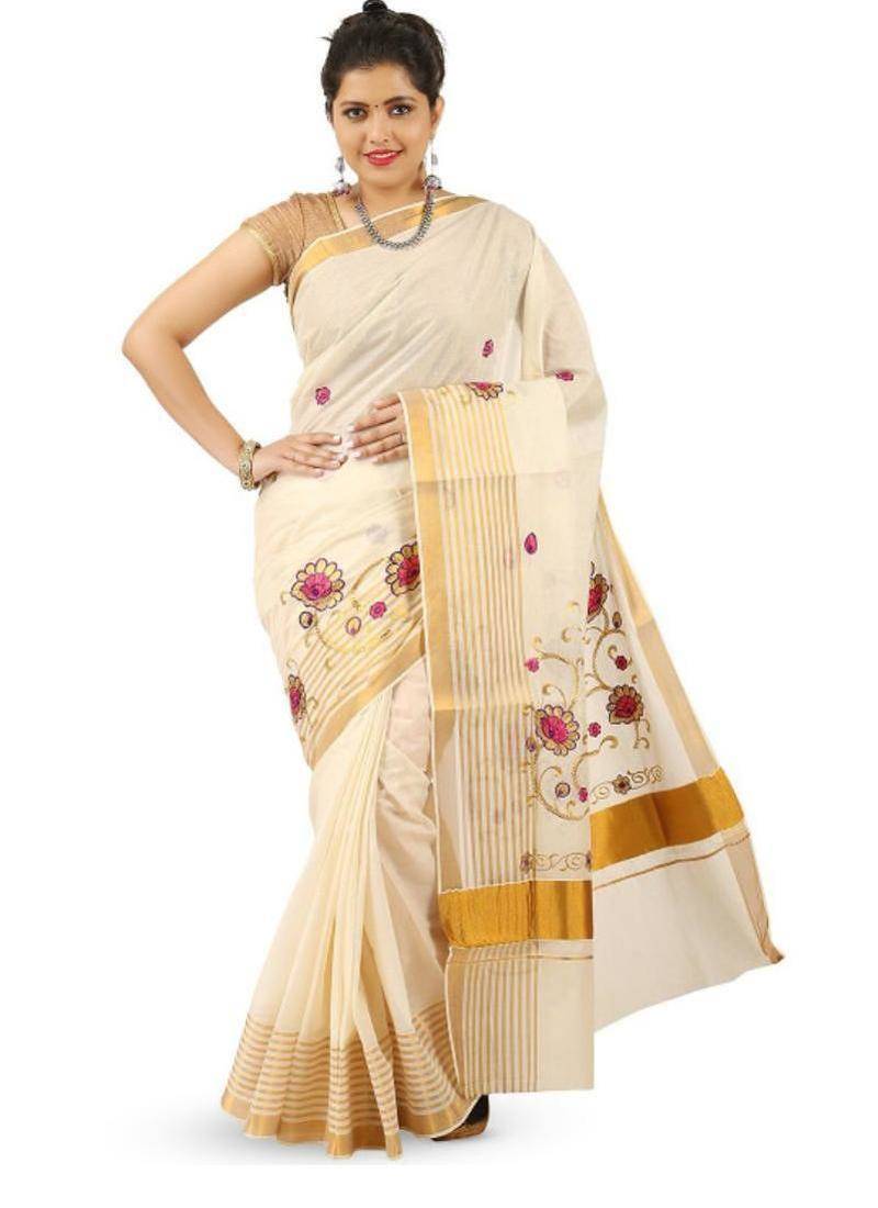 Woven design zari pure cotton kasavu saree