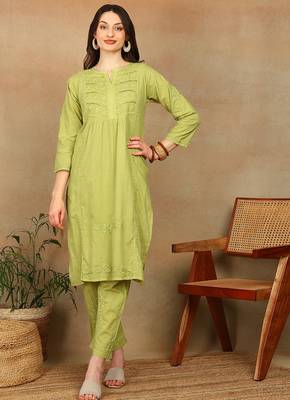 Women green lucknowi chikankari floral embroidered pure cotton straight kurta & palazzo set 1