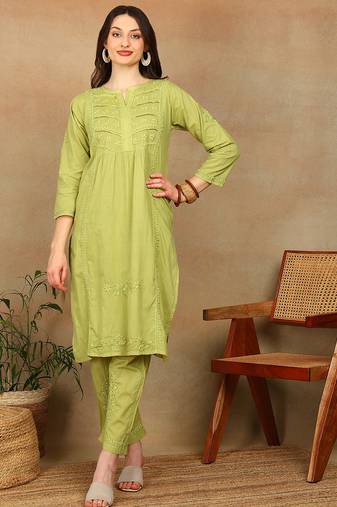 Women green lucknowi chikankari floral embroidered pure cotton straight kurta & palazzo set