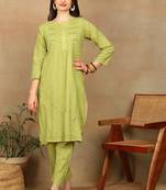 Women green lucknowi chikankari floral embroidered pure cotton straight kurta & palazzo set