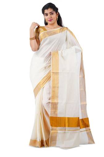 off white cotton kasavu saree with golden border