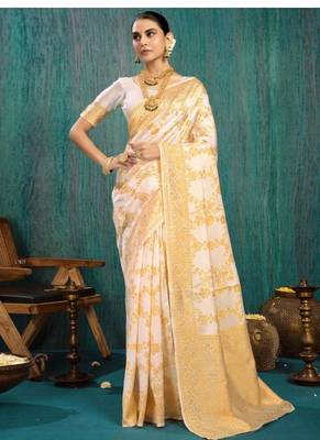 cream floral zari woven tissue kasavu saree 1