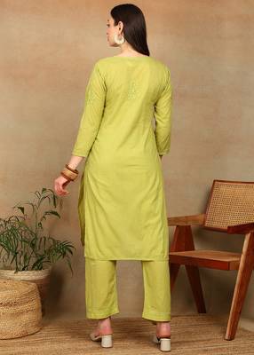 Women green lucknowi chikankari floral embroidered pure cotton straight kurta & palazzo set 2