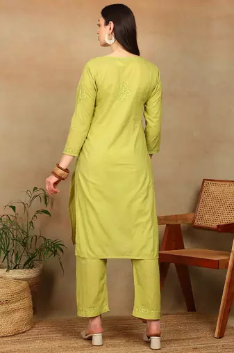 Women green lucknowi chikankari floral embroidered pure cotton straight kurta & palazzo set