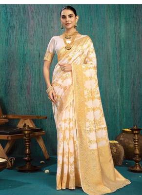 cream floral zari woven tissue kasavu saree 3