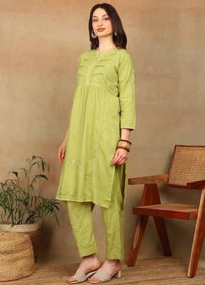 Women green lucknowi chikankari floral embroidered pure cotton straight kurta & palazzo set 3