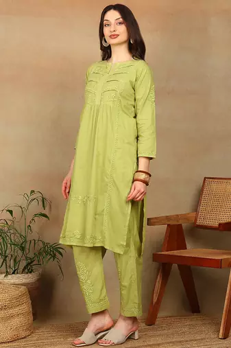 Women green lucknowi chikankari floral embroidered pure cotton straight kurta & palazzo set
