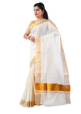off white cotton kasavu saree with golden border 4