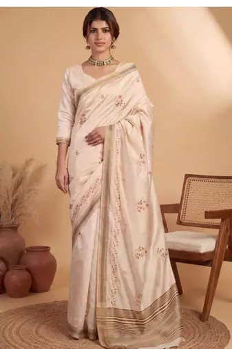 beige floral embroidered linen blend handloom kasavu saree