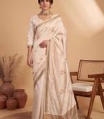 Floral embroidered linen blend handloom kasavu saree