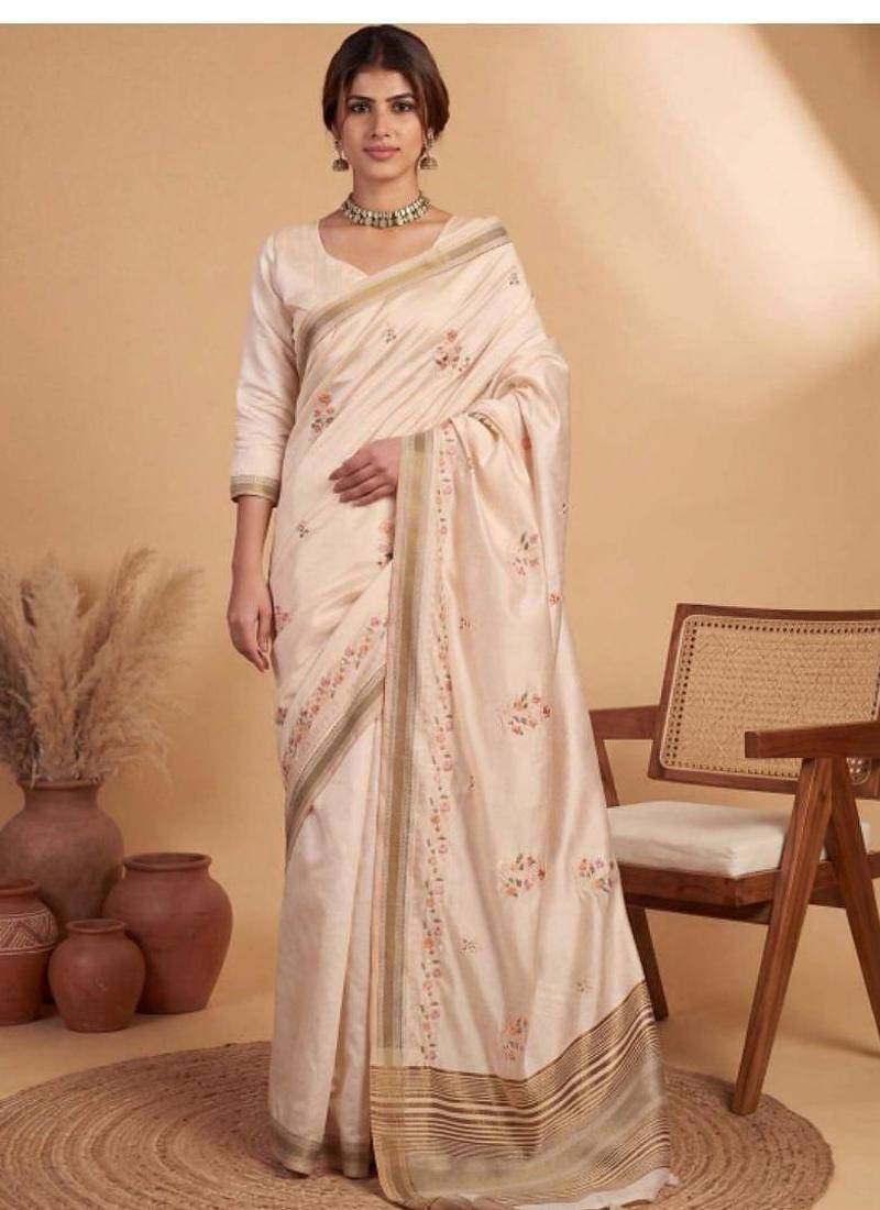 Floral embroidered linen blend handloom kasavu saree