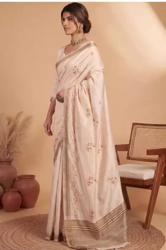beige floral embroidered linen blend handloom kasavu saree