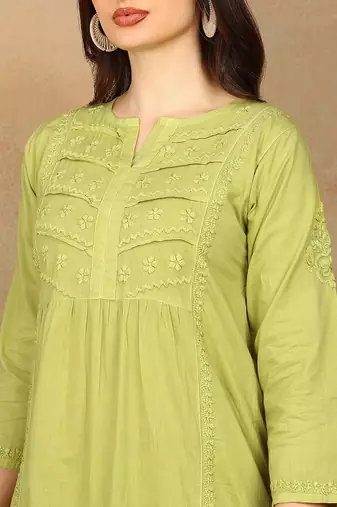 Women green lucknowi chikankari floral embroidered pure cotton straight kurta & palazzo set