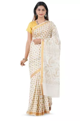 off white pure cotton kasavu saree with woven zari design
