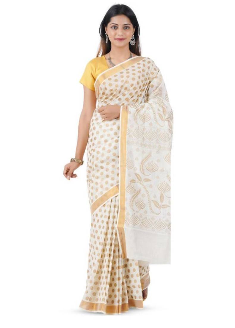 Woven design zari pure cotton kasavu saree