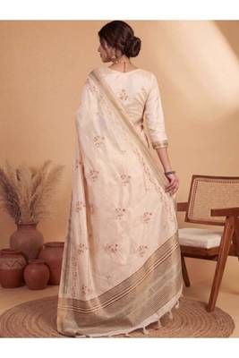 beige floral embroidered linen blend handloom kasavu saree 4