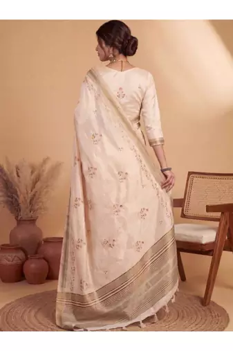 beige floral embroidered linen blend handloom kasavu saree