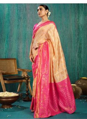 cream silk blend woven design kasavu saree 4
