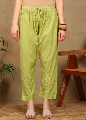 Women green lucknowi chikankari floral embroidered pure cotton straight kurta & palazzo set 5