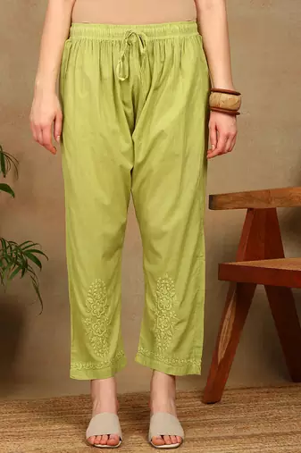 Women green lucknowi chikankari floral embroidered pure cotton straight kurta & palazzo set