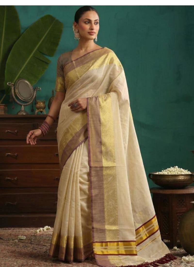 Floral zari tissue designer kasavu saree