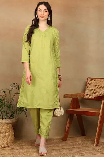 Women green floral embroidered pure cotton chikankari kurta set with palazzo