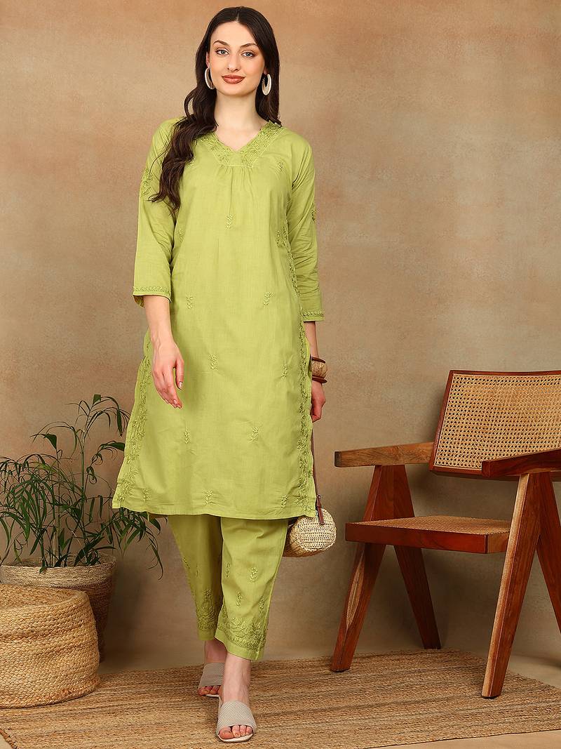 Women green floral embroidered pure cotton chikankari kurta set with palazzo