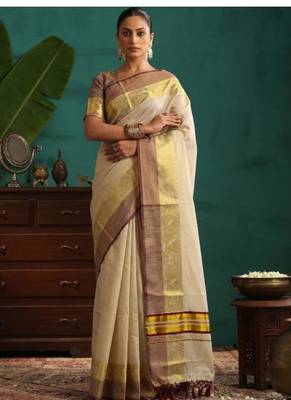 off white floral zari tissue designer kasavu saree 3