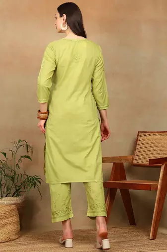 Women green floral embroidered pure cotton chikankari kurta set with palazzo