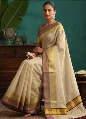 off white floral zari tissue designer kasavu saree 4