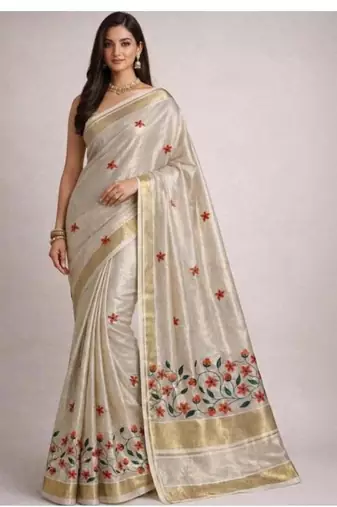 Floral embroidered pure cotton kasavu saree