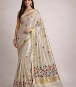 Floral embroidered pure cotton kasavu saree