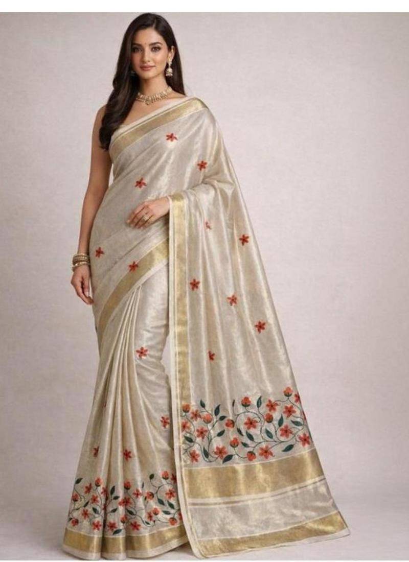 Floral embroidered pure cotton kasavu saree