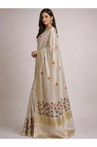 Floral embroidered pure cotton kasavu saree