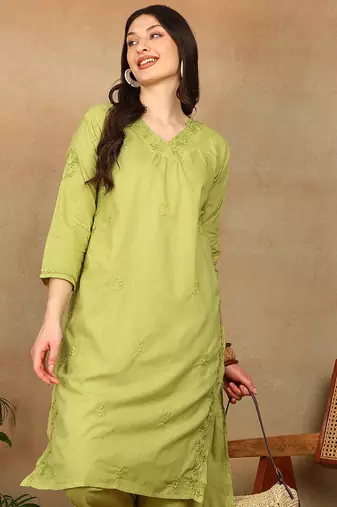 Women green floral embroidered pure cotton chikankari kurta set with palazzo
