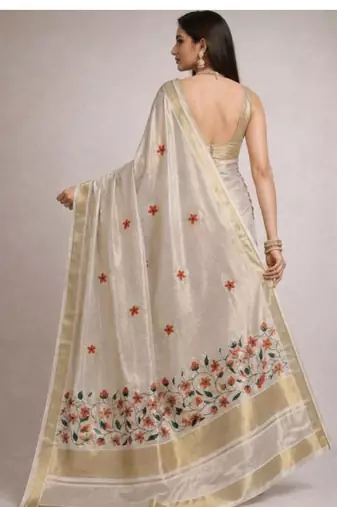 Floral embroidered pure cotton kasavu saree