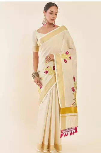 Off-white & gold woven design embroidered tissue kasavu saree