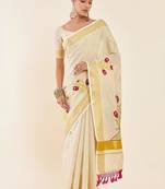 Off-white & gold woven design embroidered tissue kasavu saree