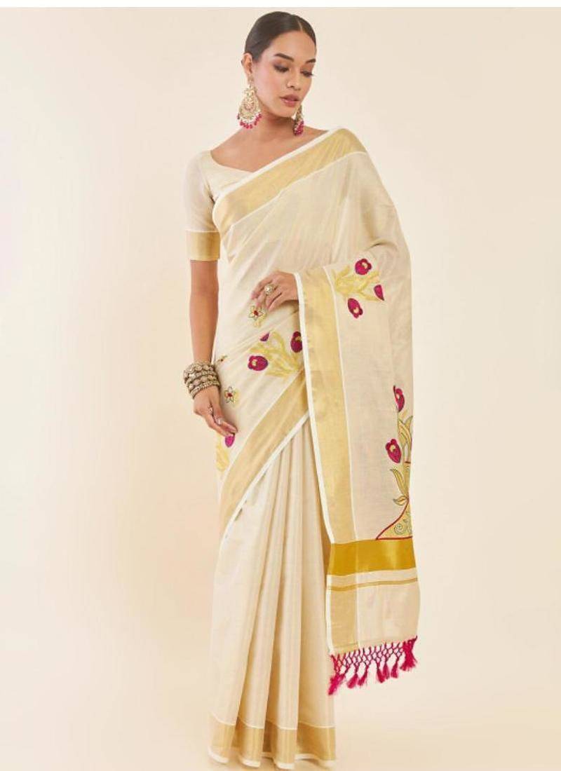 Off-white & gold woven design embroidered tissue kasavu saree