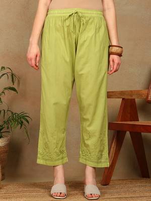 Women green floral embroidered pure cotton chikankari kurta set with palazzo 5