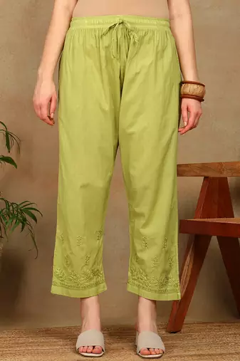 Women green floral embroidered pure cotton chikankari kurta set with palazzo