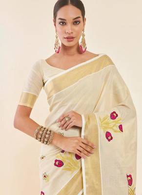 off white gold woven design embroidered tissue kasavu saree 2