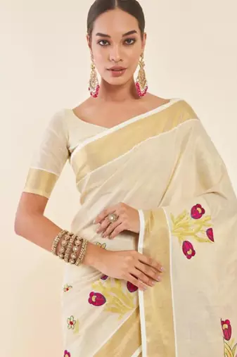 Off-white & gold woven design embroidered tissue kasavu saree