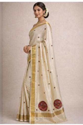 Embroidered pure cotton kasavu saree