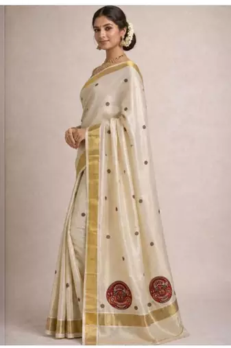 off white pure cotton kasavu saree with theyyam motif