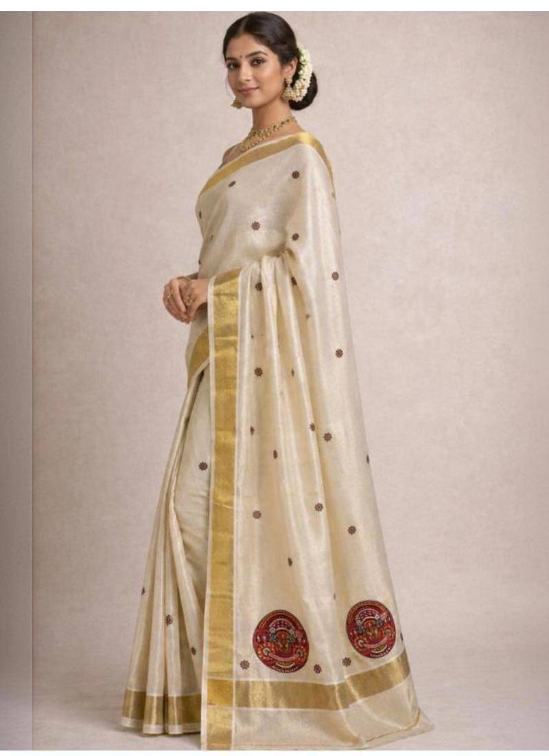 Embroidered pure cotton kasavu saree