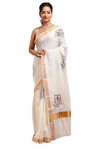 off white hand embroidered kasavu saree with owl design