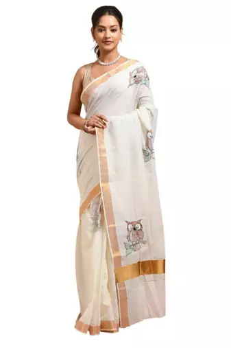 off white hand embroidered kasavu saree with owl design